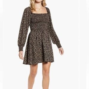 Band of Gypsies Floral Mini Dress‎ Square Neck Long Sleeve Smocked Bodice Large